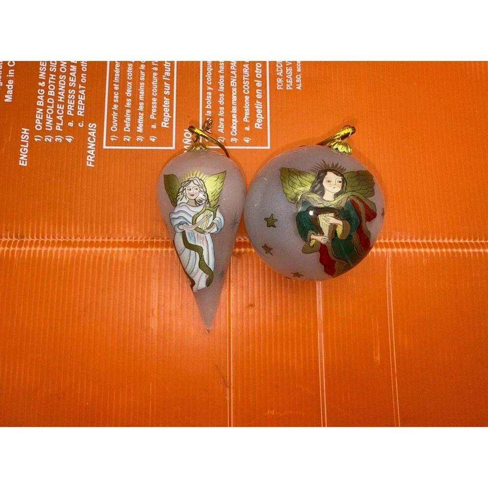 2 LI BIEN Pier One Glass Ornaments Reverse Painted Angels Round 1998 Tear Drop